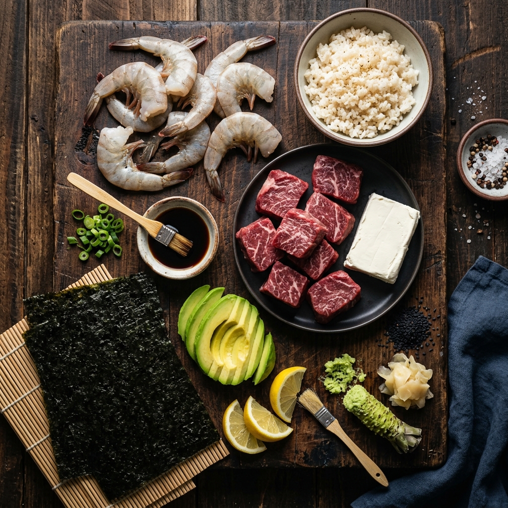 Ingredientes sushi mar y tierra con filet mignon y langosta